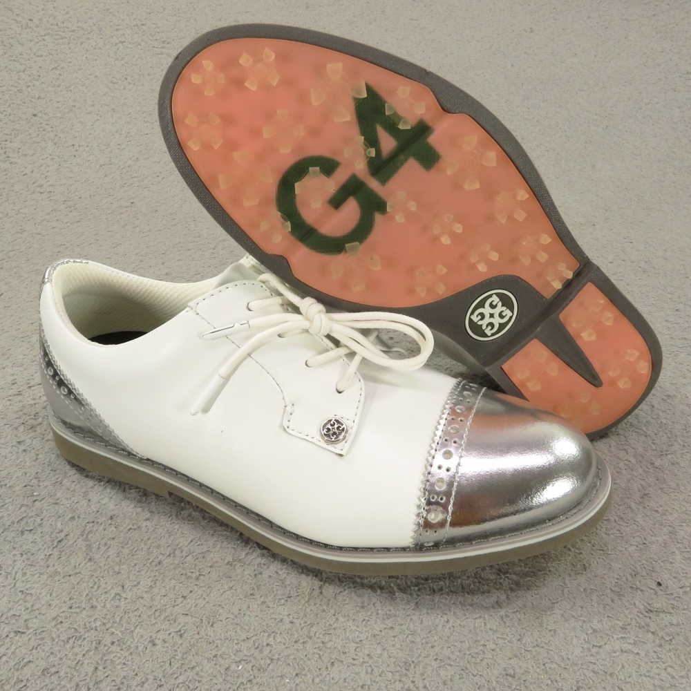 G/Fore Golf Shoes Women 6 White Silver Gallivanter Patent Leather Cap Toe Brogue